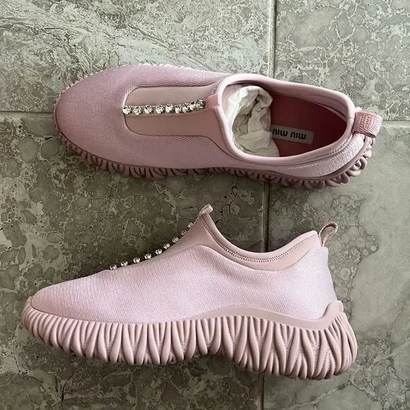 Miu Miu Crystal-Embellished Low Top Sneakers, New, Size 39.5 - Picture 5 of 15